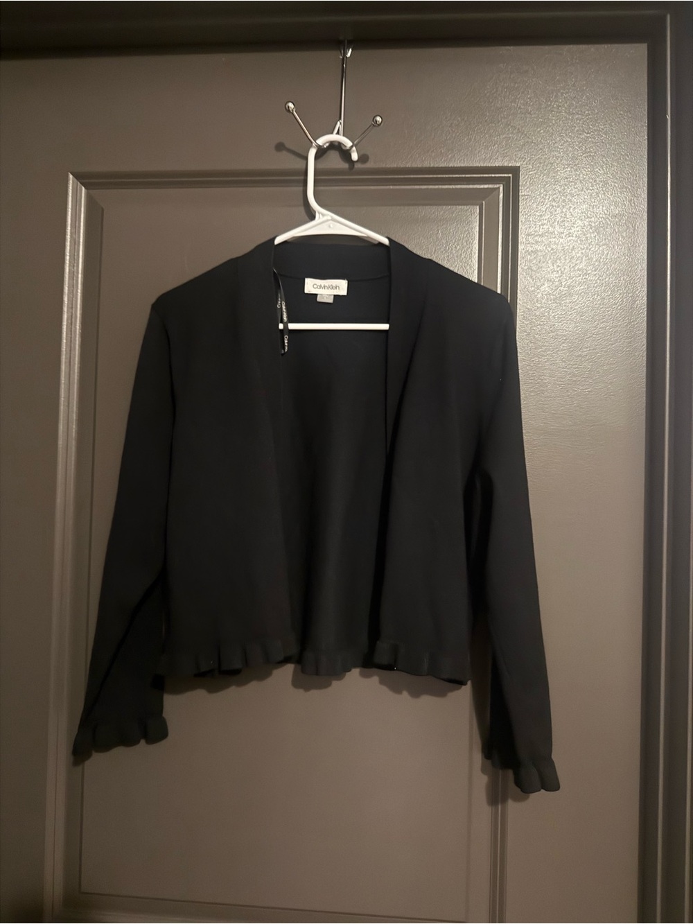 Calvin Klein Black Open-Front Cropped Cardigan with Ruffle Trim